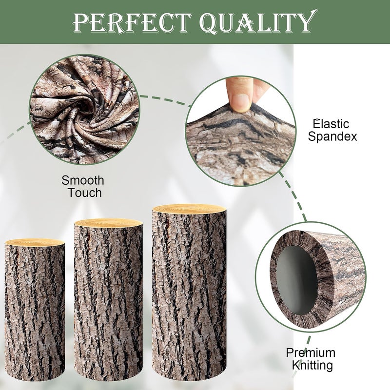 SaitiMade Set of 3 - Wood Cylinder Pedestal Stand Covers  Spandex Wooden Texture Cylinder Stand Covers for Party  Wedding or Birthday Event Decor - Only Contains Cylinder Covers - Image 3